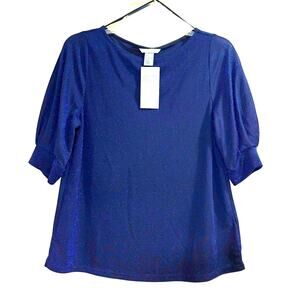 H & M dressy black top royal blue metallic finish short puff sleeves size S NEW